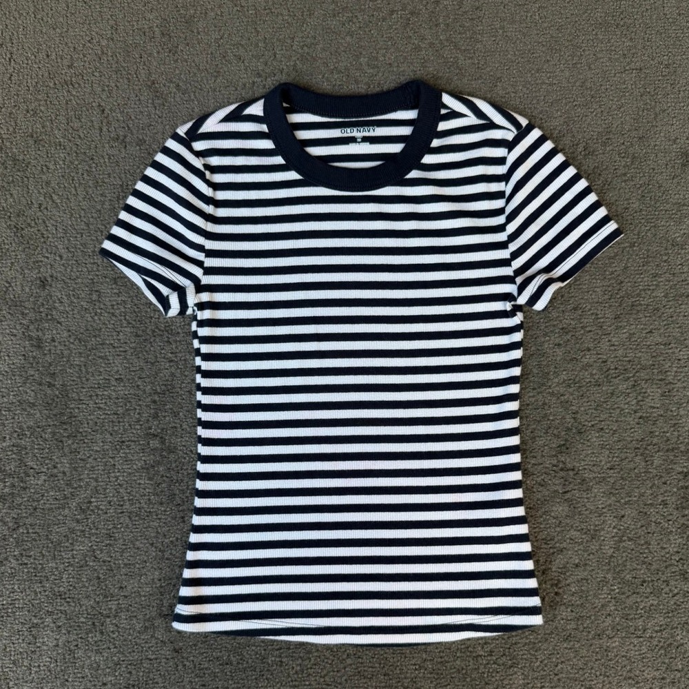 Old Navy Womens XS Snug Fit Ribbed‎ Striped T-Shirt Navy Blue White Short Sleeve